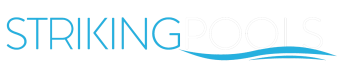 Striking Pools logo with blue and white text and wave design.