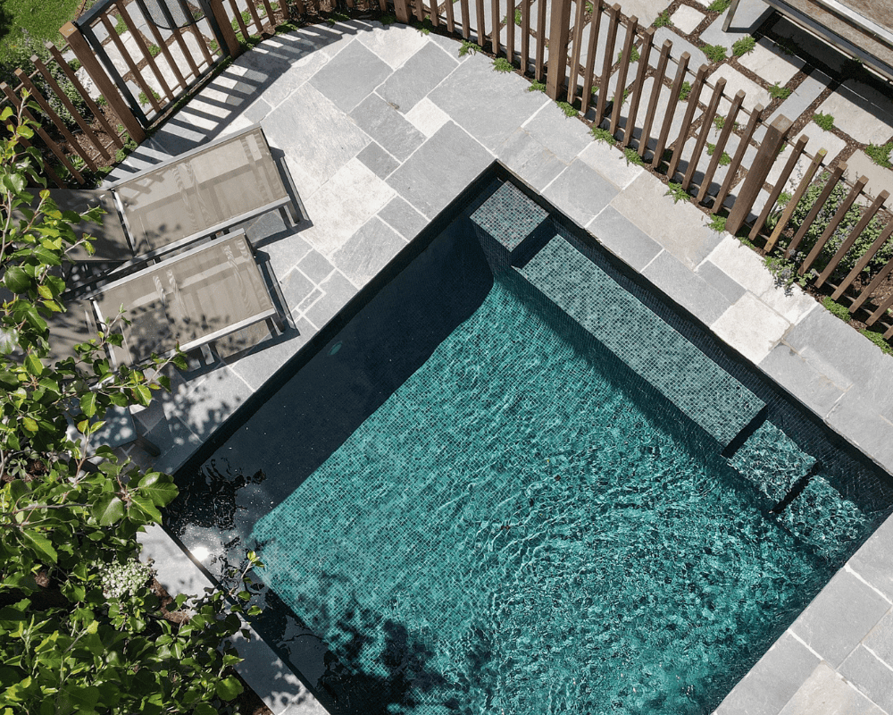 Modern backyard pool with stone paving and wooden fence in Australia.